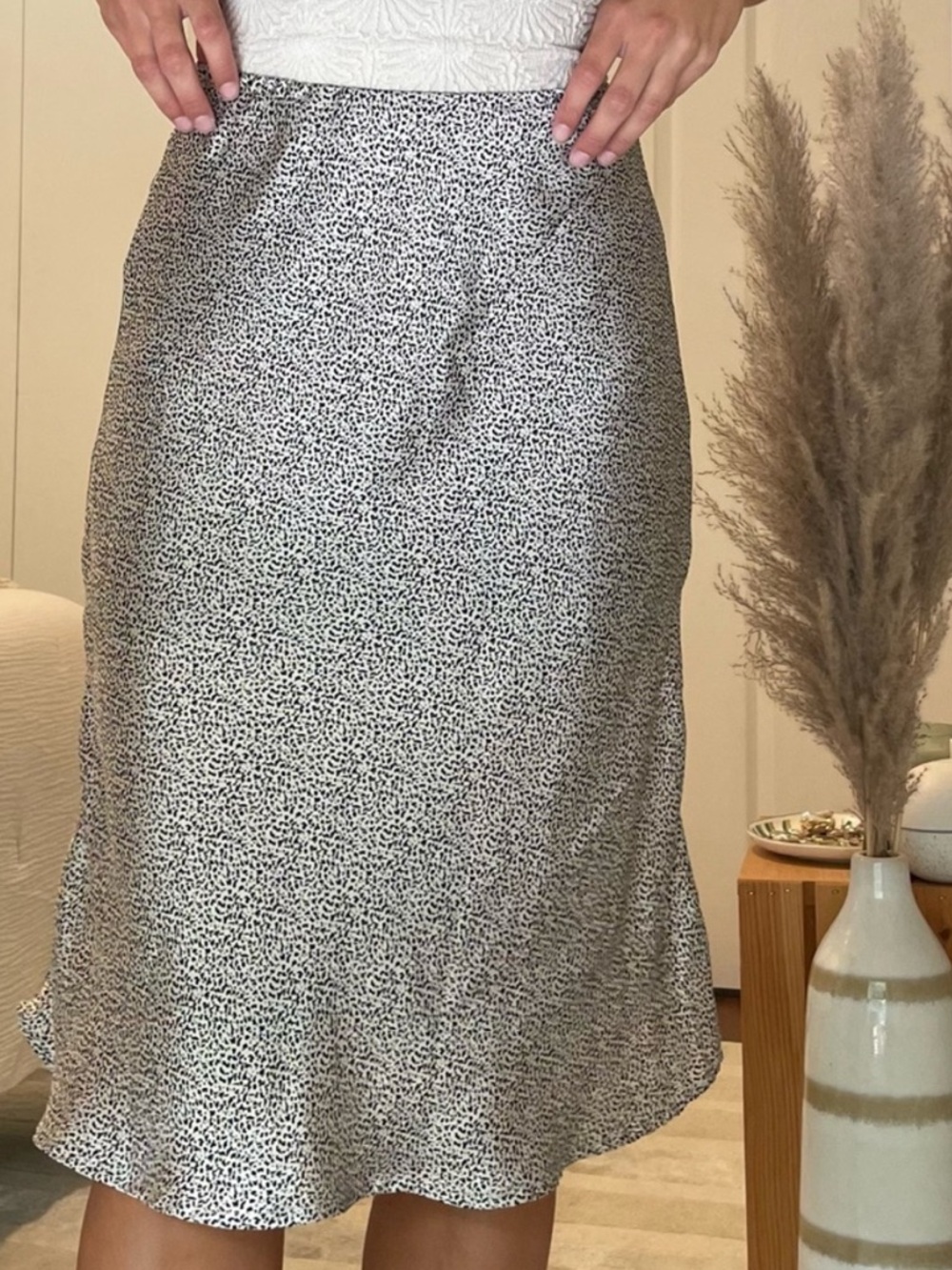 Spotted Satin Midi Skirt